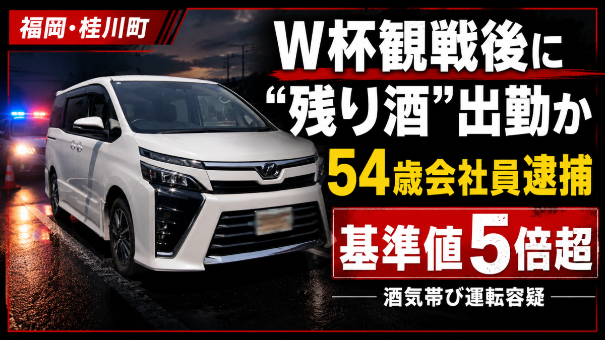 福岡県桂川町でW杯観戦後に酒気帯び運転の疑いで54歳会社員が逮捕されたニュースのアイキャッチ