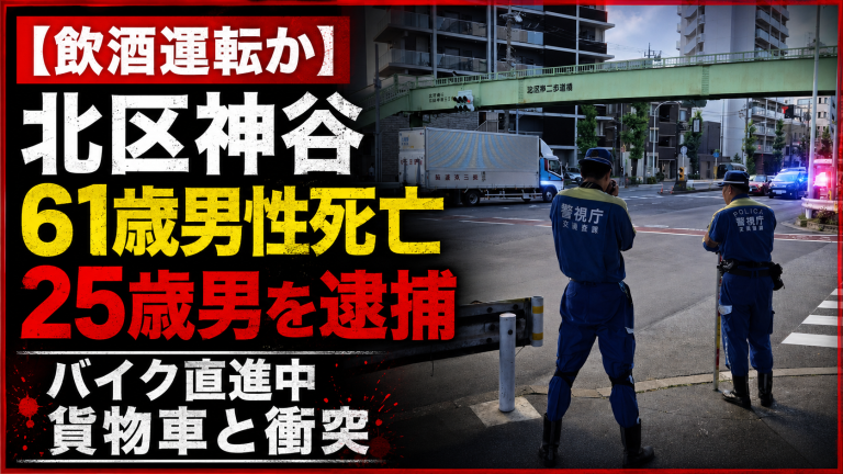 東京都北区神谷の交差点で直進中のバイクの61歳男性が左折しようとした普通貨物車と衝突して死亡し、貨物車運転手から基準値超のアルコールが検出された事故を伝える報道アイキャッチ