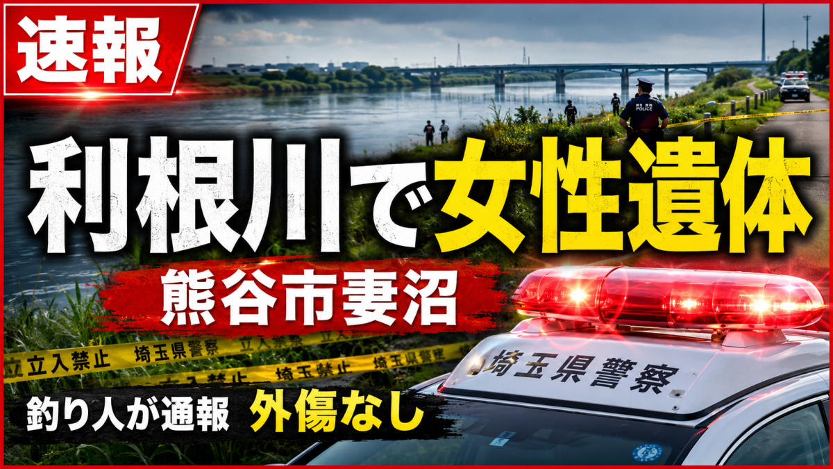熊谷市妻沼地内の利根川で女性遺体が発見された速報記事のアイキャッチ