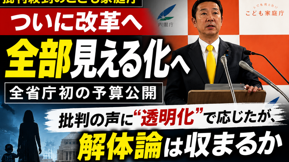 こども家庭庁が全事業の委託先と支出金額を公開する全部見える化を進める方針を伝える報道アイキャッチ
