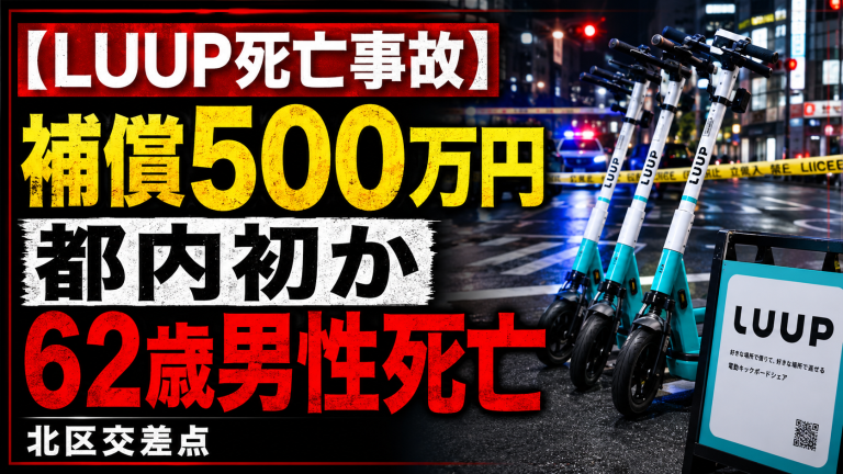 東京都北区の交差点でLUUP利用者の62歳男性が死亡した事故と、死亡補償が1000万円から500万円に引き下げられていた問題を伝える報道アイキャッチ