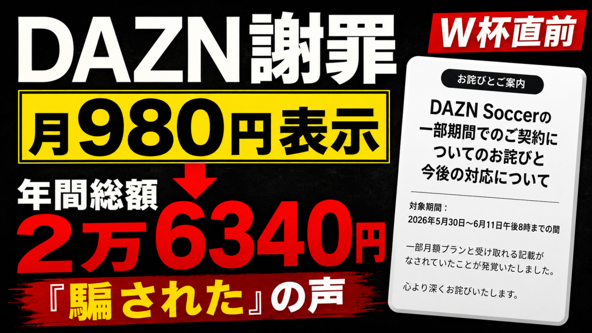 DAZN Soccerの月980円表示と年間総額2万6340円をめぐる料金表示問題を伝える報道アイキャッチ