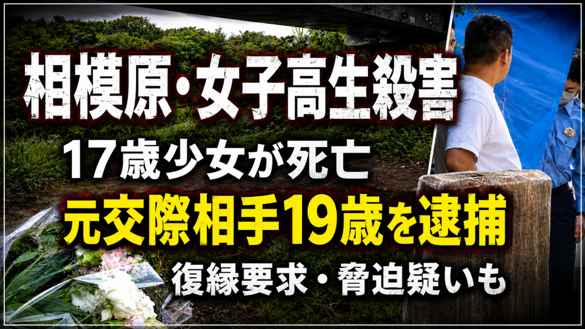 相模原市南区下溝の相模川河川敷で17歳女子高校生が死亡し元交際相手の19歳少年が殺人容疑で逮捕された事件を伝える報道アイキャッチ