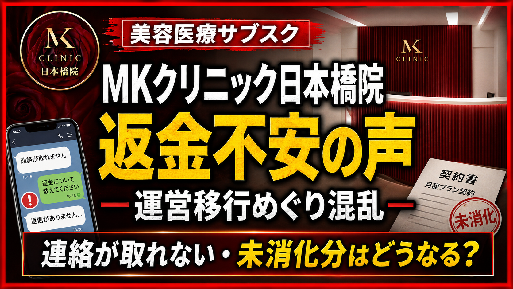 MKクリニック日本橋院の運営移行とサブスク返金不安を伝える報道イメージ