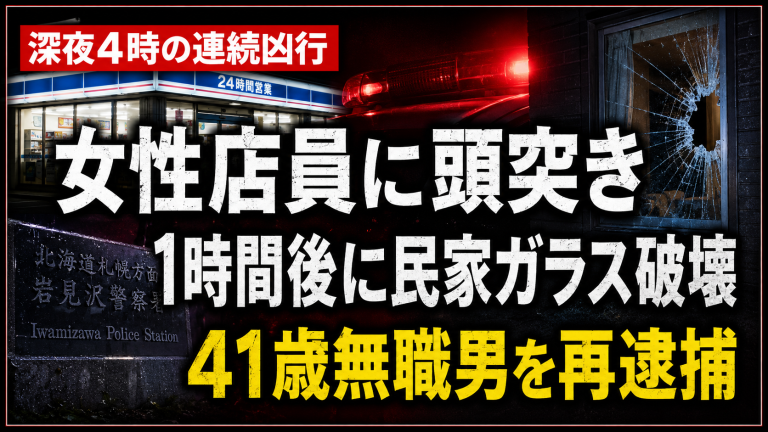 北海道岩見沢市で41歳無職の男がコンビニで女性店員に頭突きしその後民家のガラス窓を壊した事件を伝える報道アイキャッチ