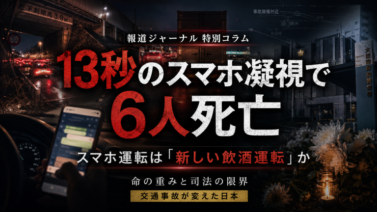 スマホ運転による新名神高速6人死亡事故と交通死亡事故の司法問題を扱う報道ジャーナル特別コラムのアイキャッチ