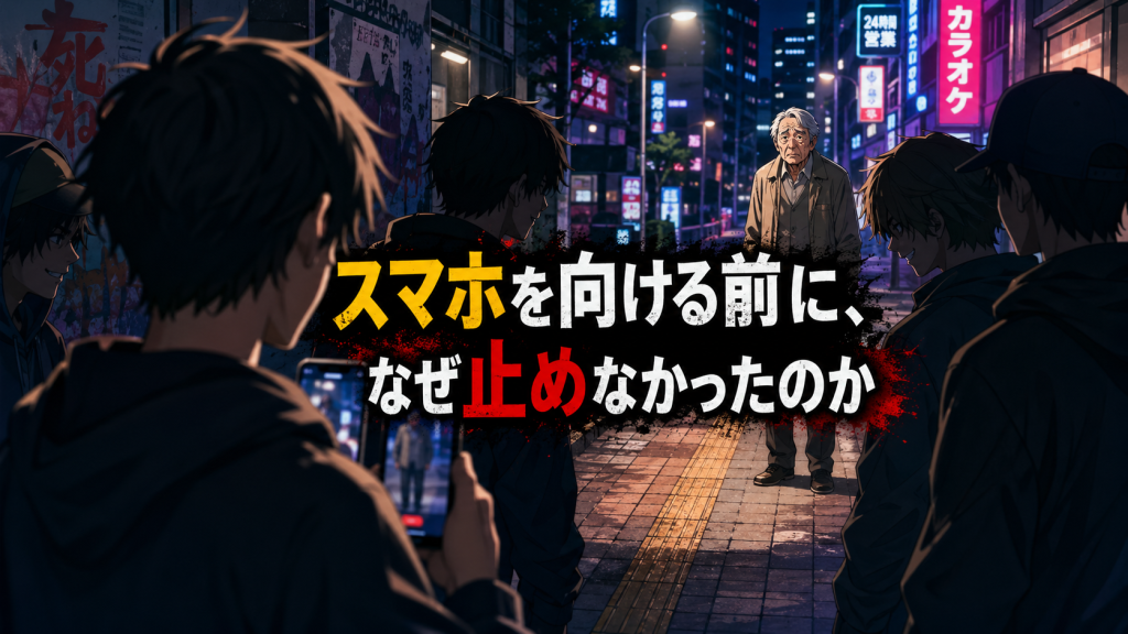 夜の歩道で高齢男性を前にスマホを向ける若者たちを描いたSNS問題のアニメ画像