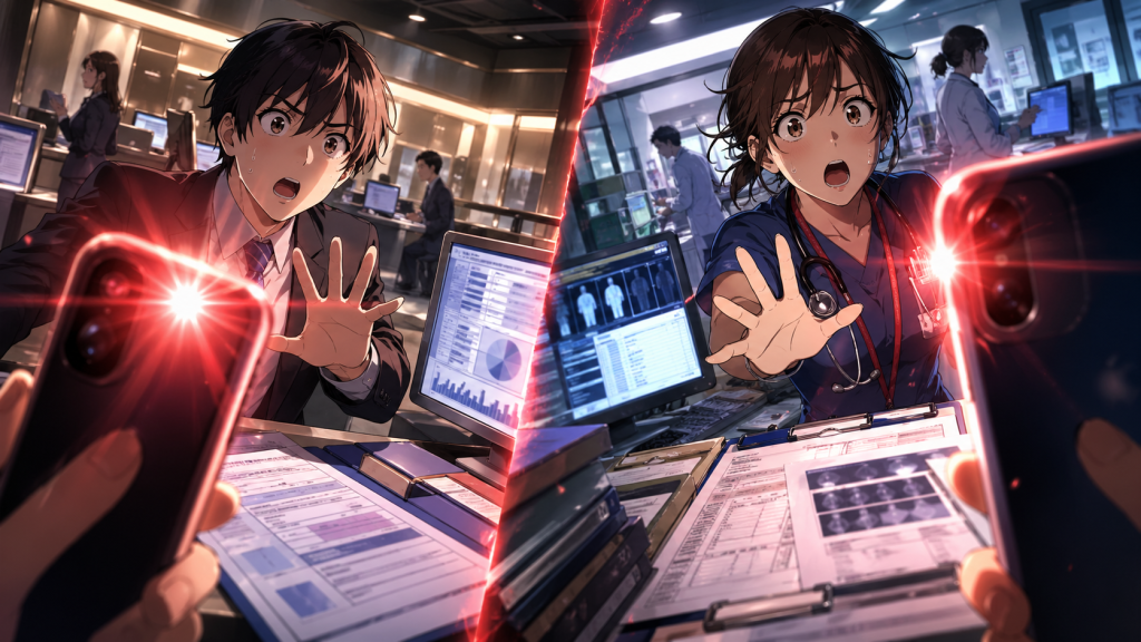 職場SNSで銀行口座情報と医療カルテ情報が写り込む漏えいリスクを示すアニメ画像