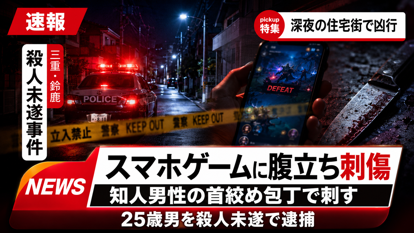 鈴鹿市でスマホゲームをめぐり知人男性が刺された殺人未遂事件を示す報道イメージ