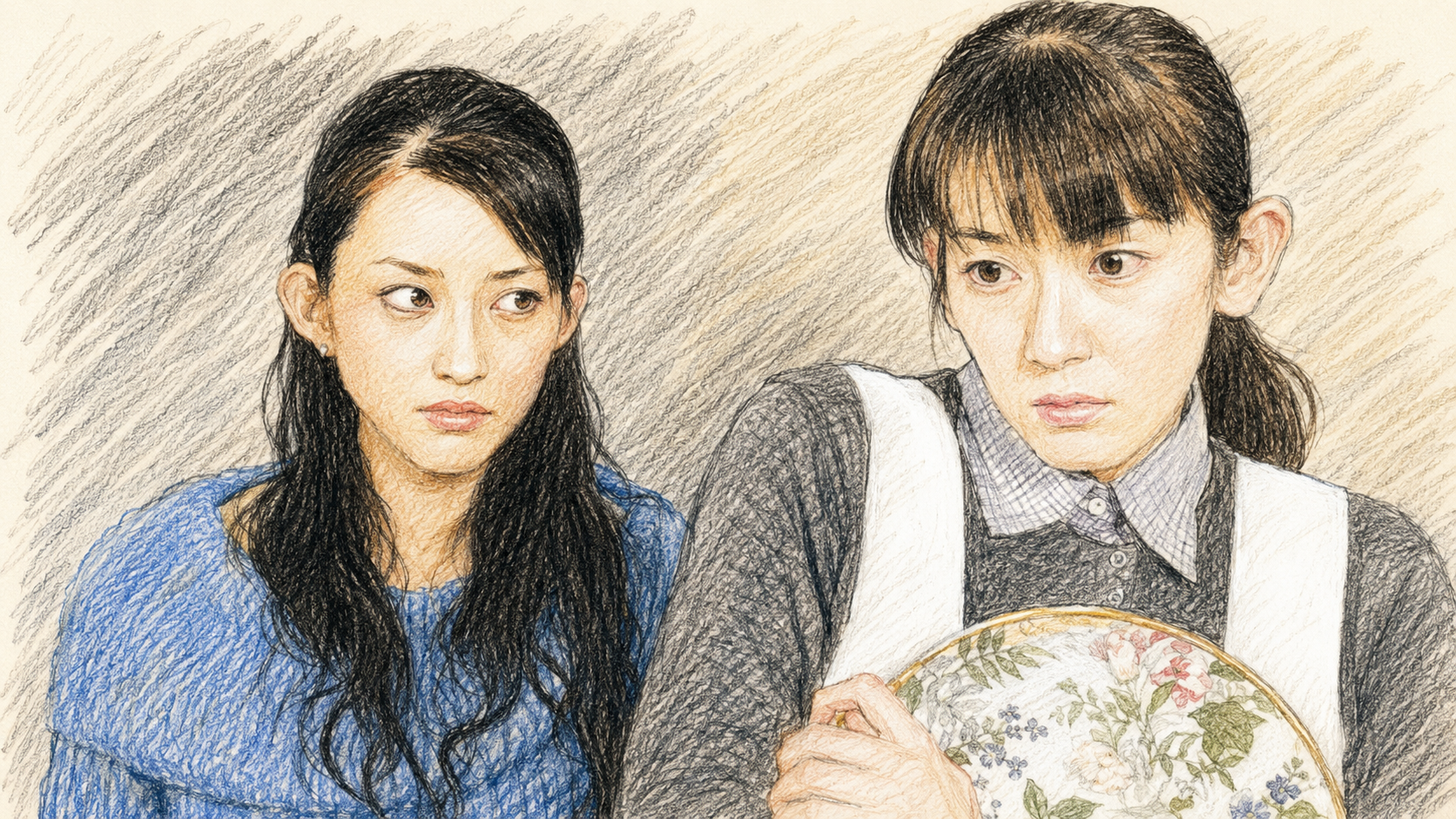 Netflixで再燃した『牡丹と薔薇』をイメージした、緊張感のある2人の女性を描いた鉛筆デッサン風イラスト