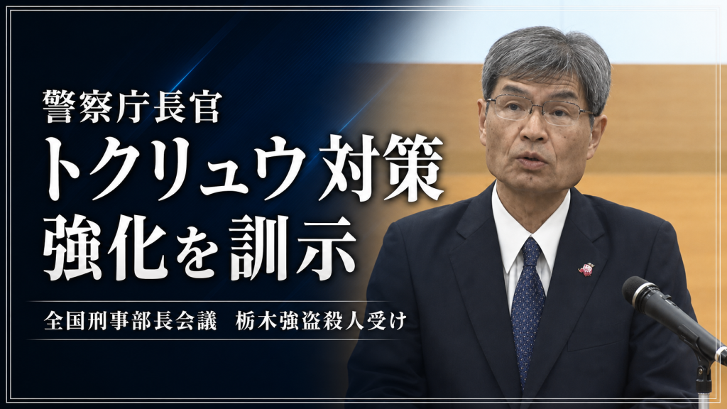 警察庁長官が全国刑事部長会議でトクリュウ対策強化を訓示したことを伝える報道用アイキャッチ
