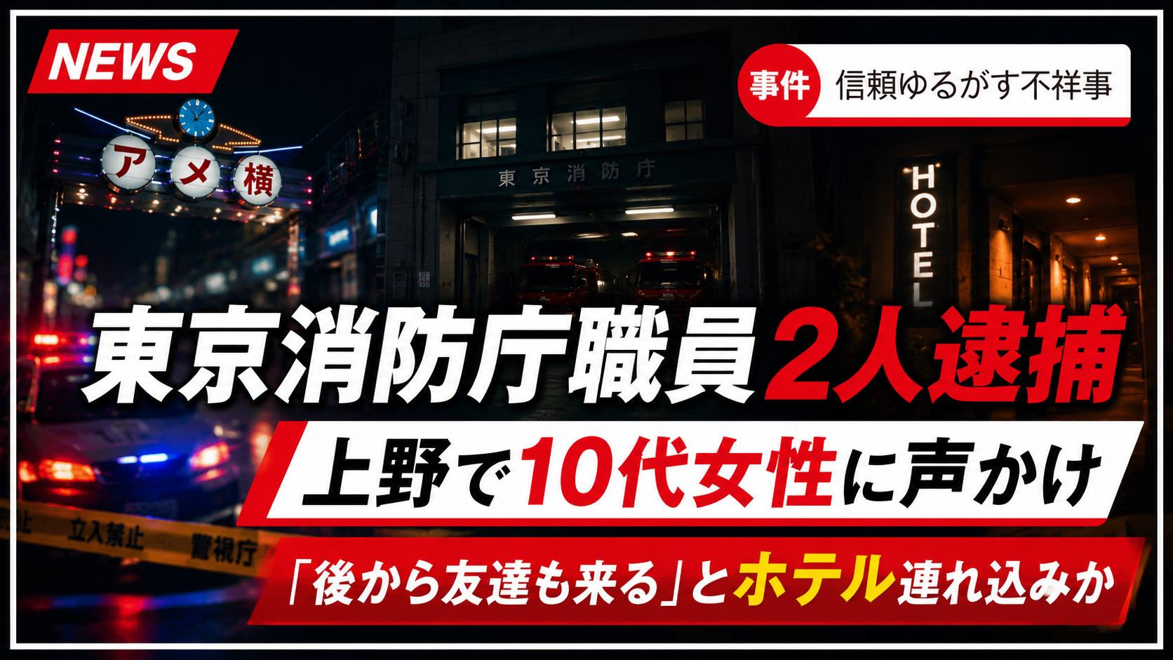 東京消防庁職員2人が上野で声をかけた10代女性への不同意性交容疑で逮捕された事件の報道イメージ