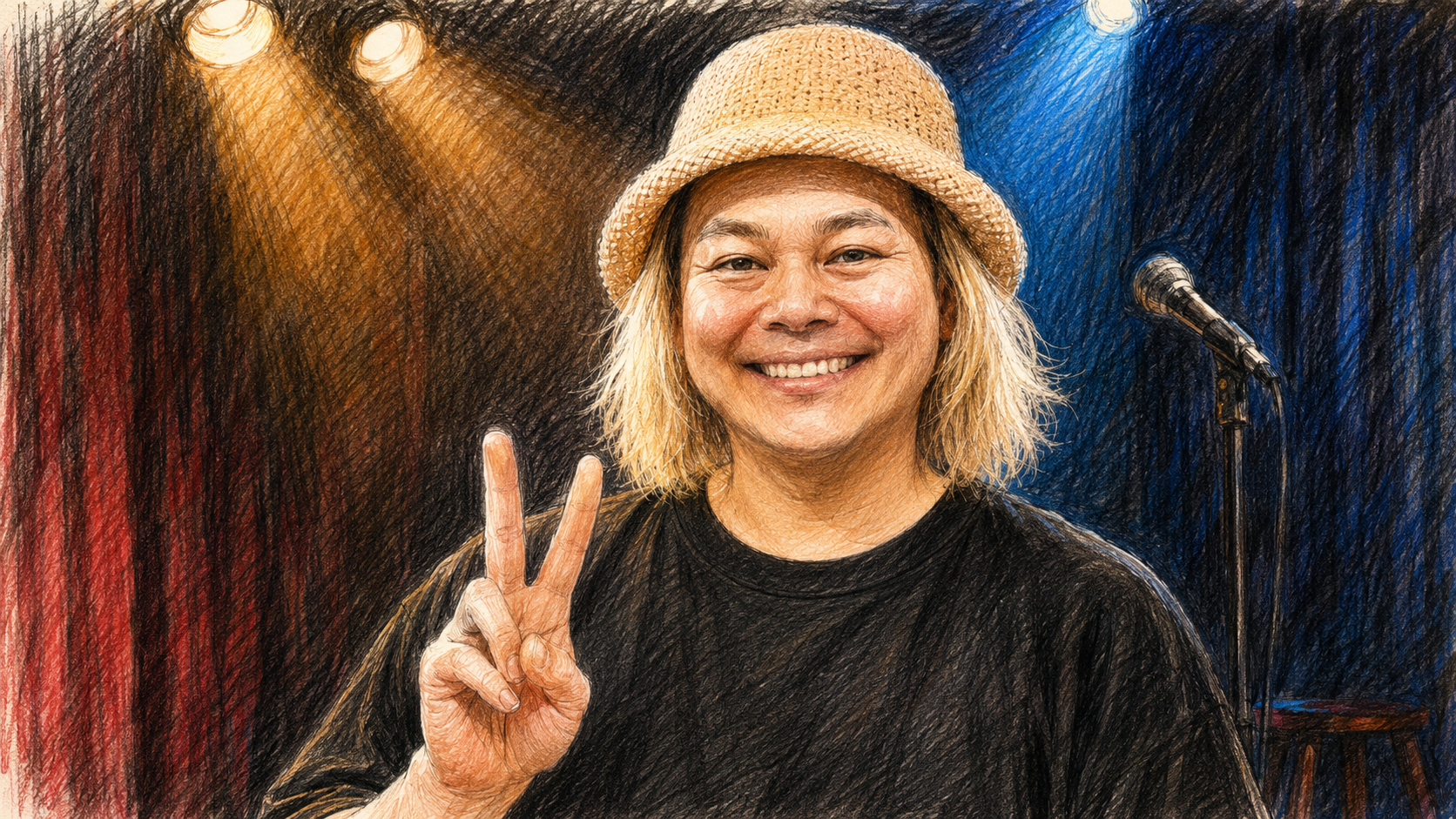 中山功太氏を想起させる人物が舞台上でピースサインを見せる鉛筆・色鉛筆スケッチ風イラスト