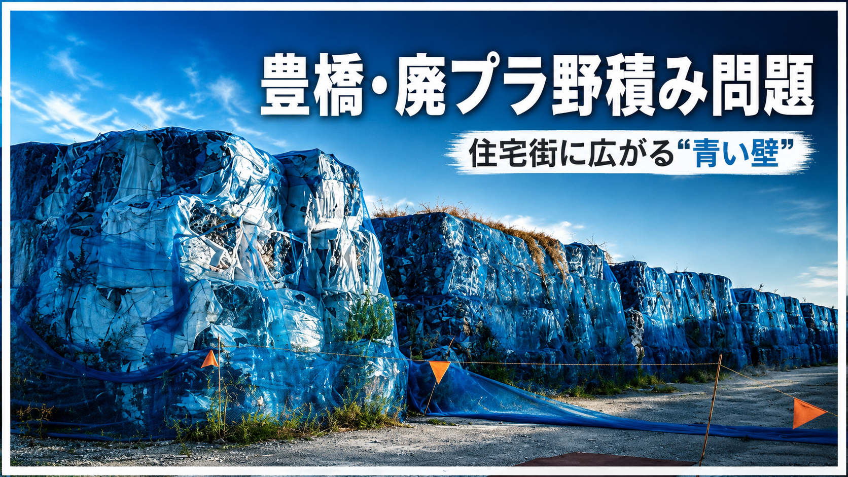 豊橋市の住宅地近くに大量のプラスチック類が積まれ、住民が火災や飛散を心配している問題の報道イメージ