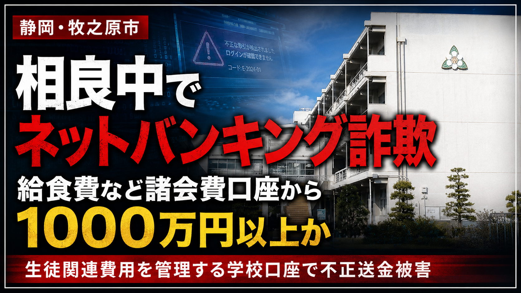 静岡県牧之原市立相良中学校で給食費などの諸会費口座から少なくとも1000万円以上が不正送金されたとみられる被害を伝える報道画像