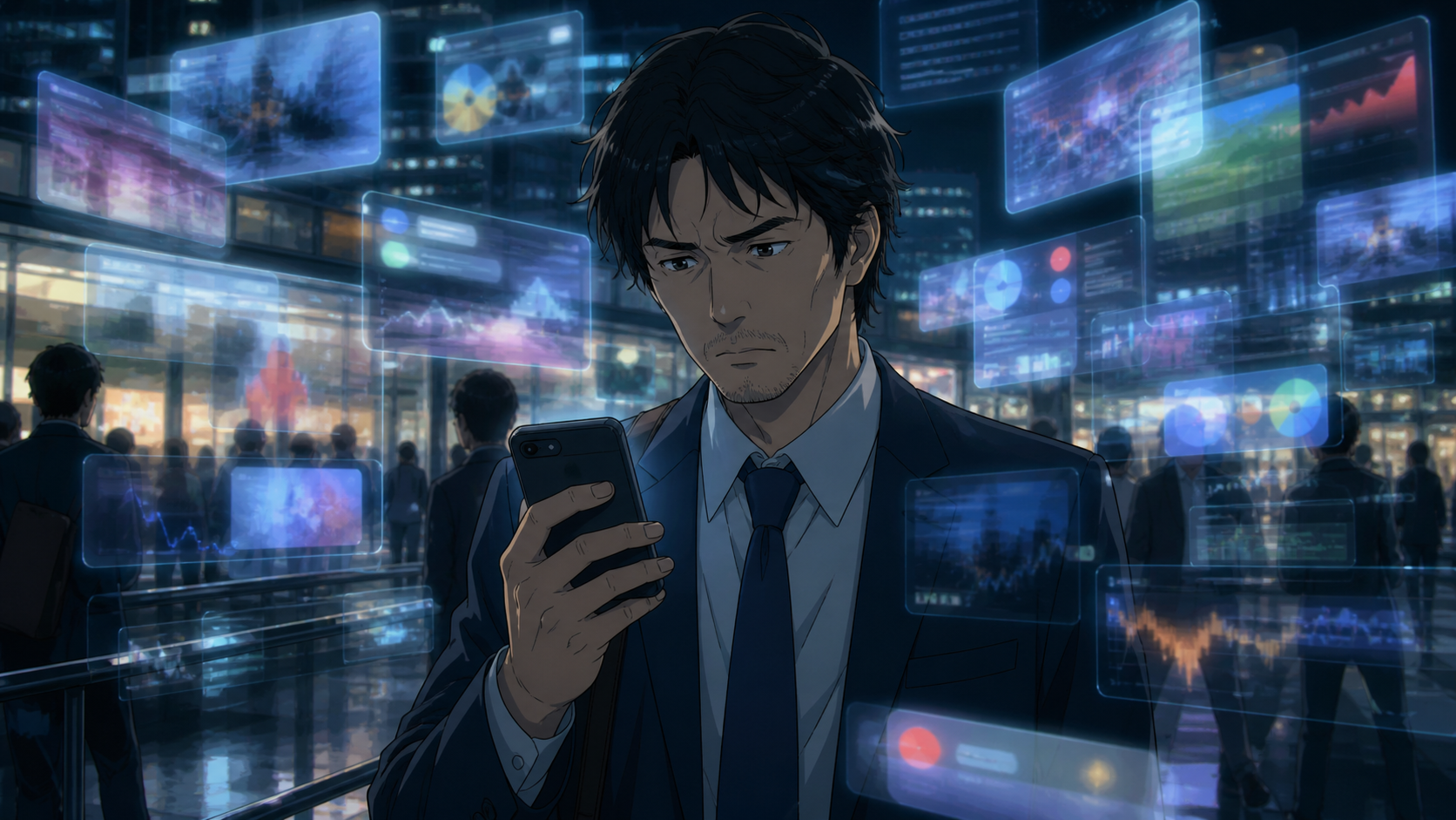 副業や投資話に不安を抱く会社員男性とSNS時代の情報リスクを描いた記事アイキャッチ