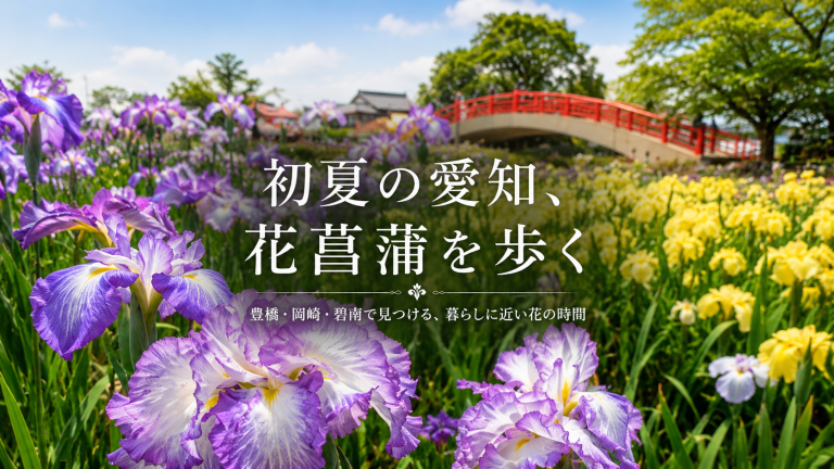 愛知県の花菖蒲園で初夏の花を眺めながら散策する人々のイメージ