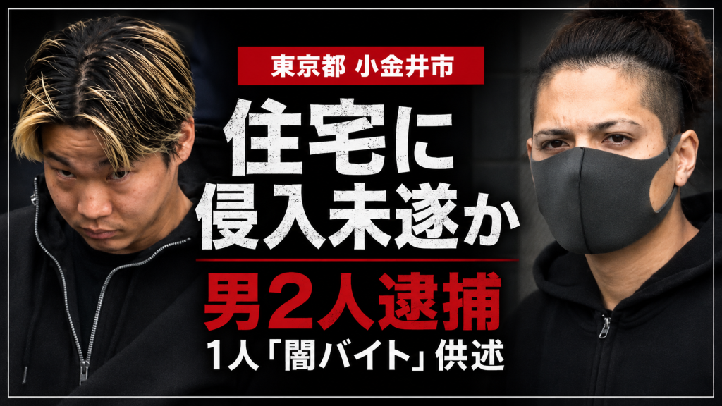 東京都小金井市で住宅への侵入未遂事件があり男2人が逮捕され、1人が闇バイトに応募したと供述した事件を伝える報道画像