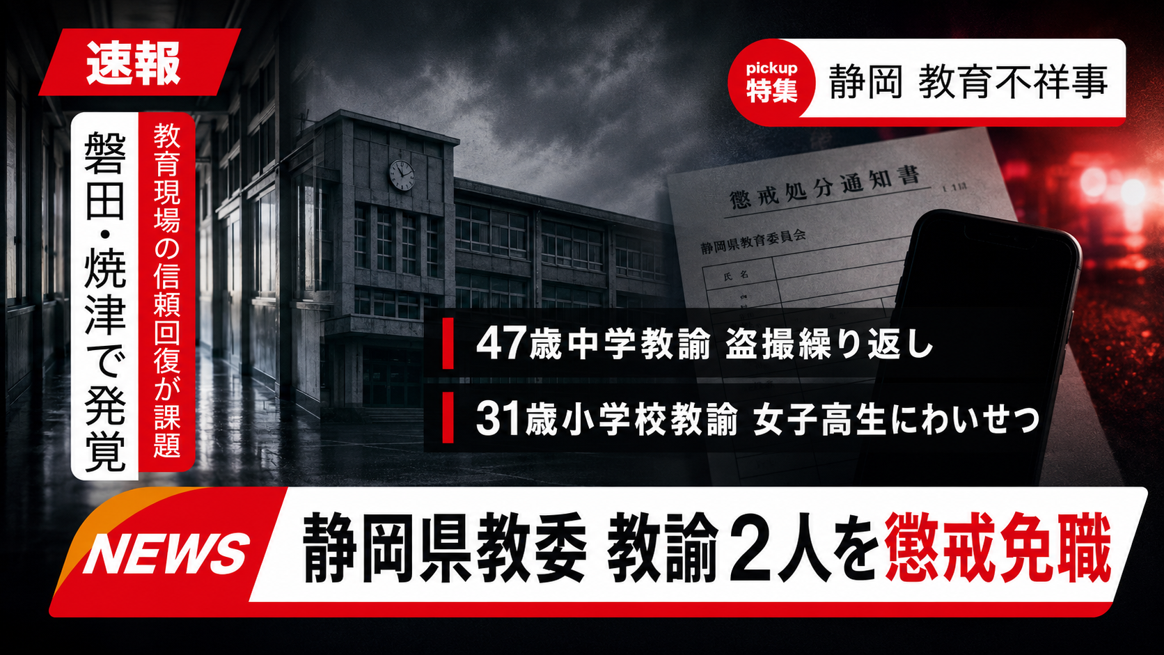 静岡県教委が盗撮と女子高生へのわいせつ行為で教諭2人を懲戒免職にしたことを伝える報道イメージ