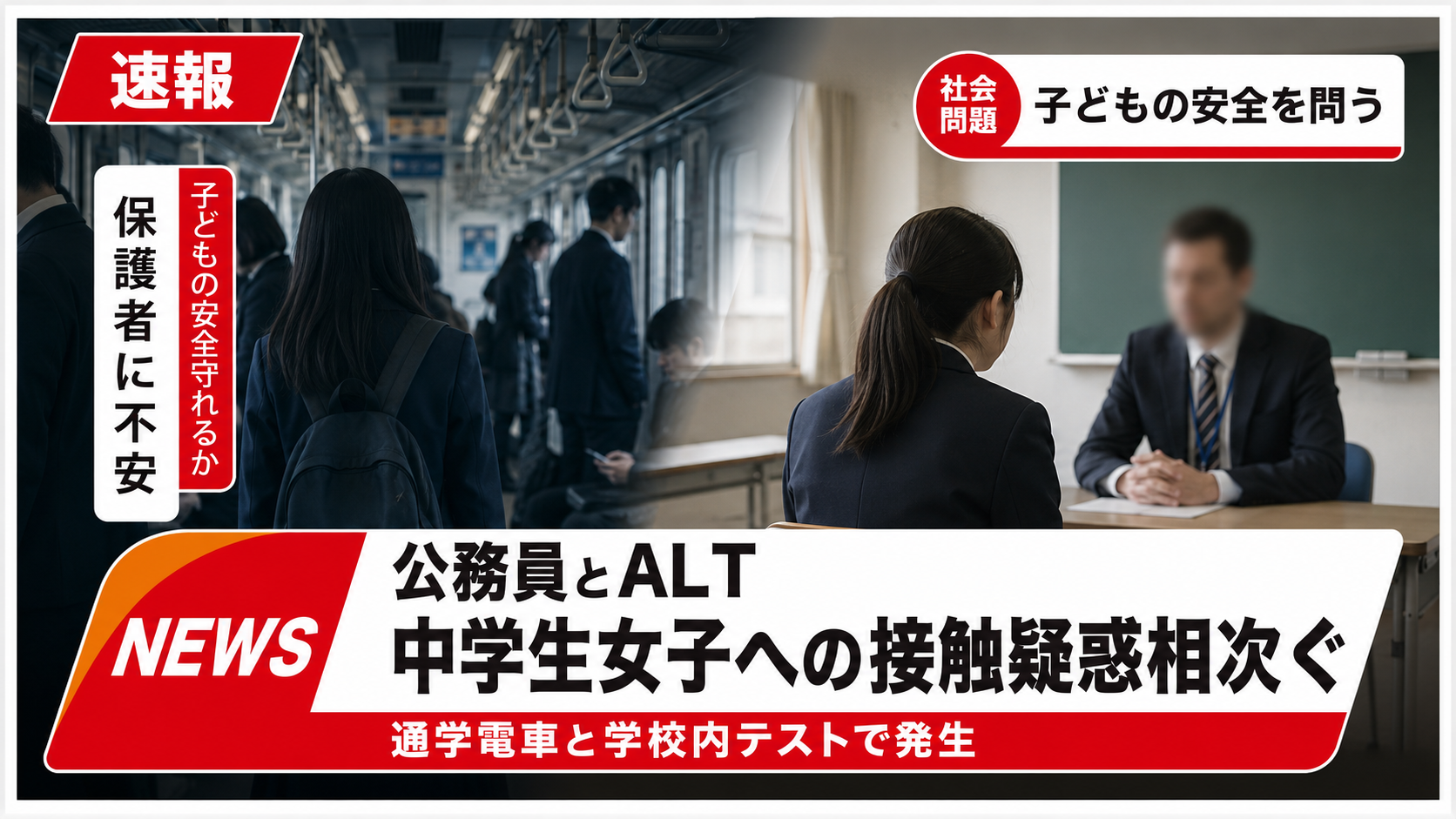 通学電車と学校内テストで起きた中学生女子への接触疑惑を示す報道イメージ