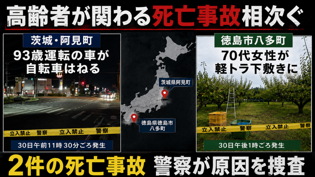 茨城県阿見町で93歳男性運転の車が自転車をはね徳島市では70代女性が軽トラック下敷きになった死亡事故の報道イメージ