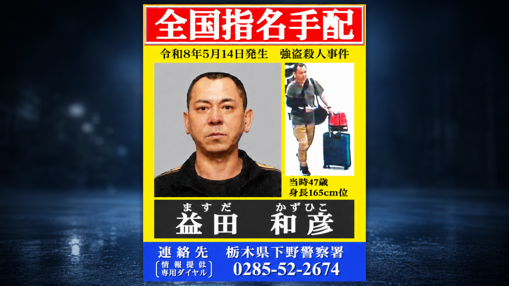 栃木県上三川町の強盗殺人事件で益田和彦容疑者が公開手配され16歳高校生4人が実行役とされるニュースのイメージ
