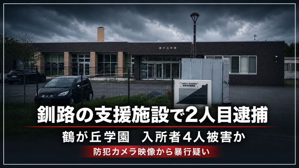 釧路市の障害者支援施設「鶴が丘学園」で職員2人が相次いで逮捕された事件を伝える報道イメージ