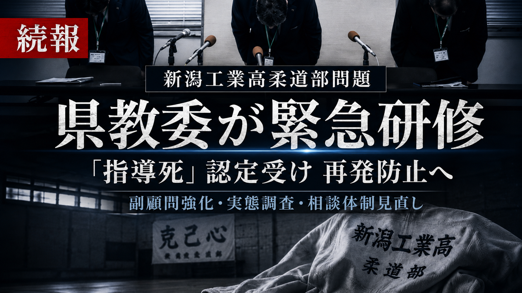 新潟県教委が柔道部員の指導死認定を受けて校長向け臨時研修会を開き部活動指導の見直しを進める報道イメージ