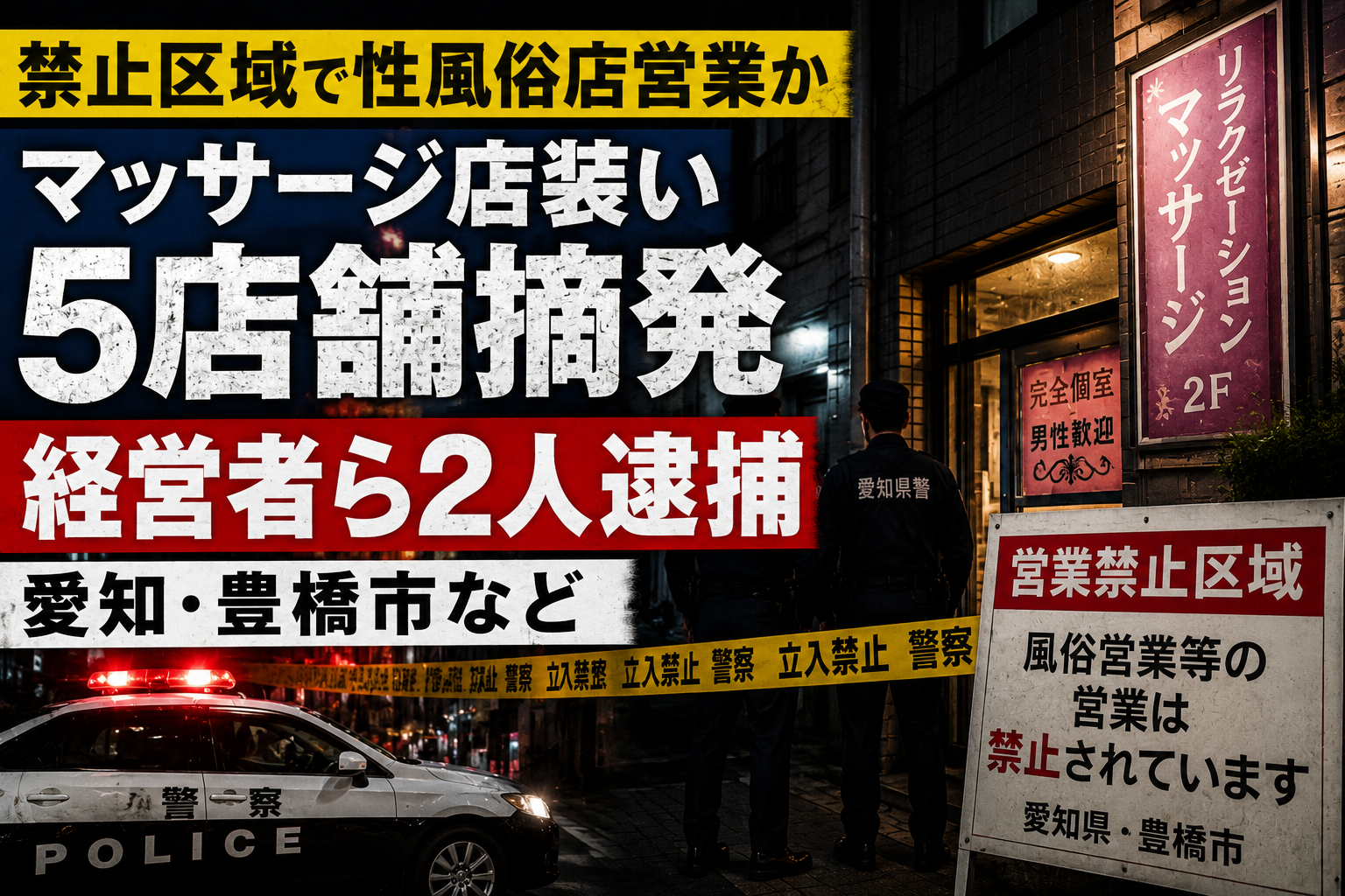 愛知県豊橋市でマッサージ店を装った違法風俗店が摘発された事件の報道用イメージ