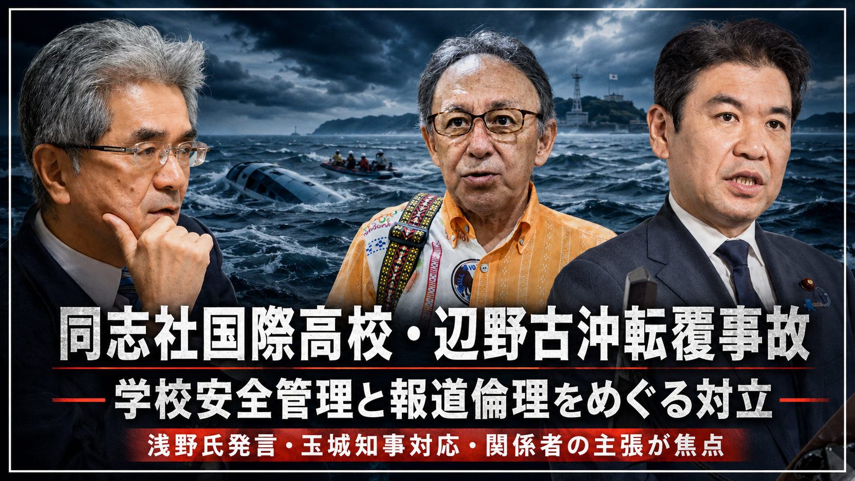 辺野古沖転覆事故をめぐる学校安全管理と報道倫理の問題を示す報道イメージ