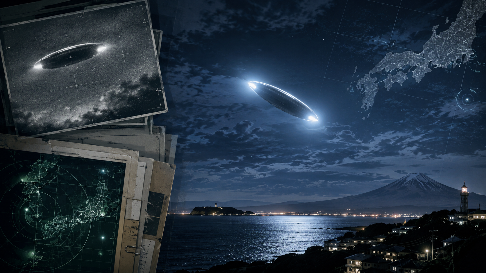 米国防総省が公開したUFO資料と日本周辺の夜空に浮かぶ未確認の光を示す報道イメージ