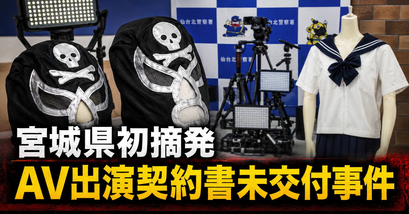 宮城県で初摘発となったAV出演契約書未交付事件で押収された撮影機材や衣装を示す報道用イメージ