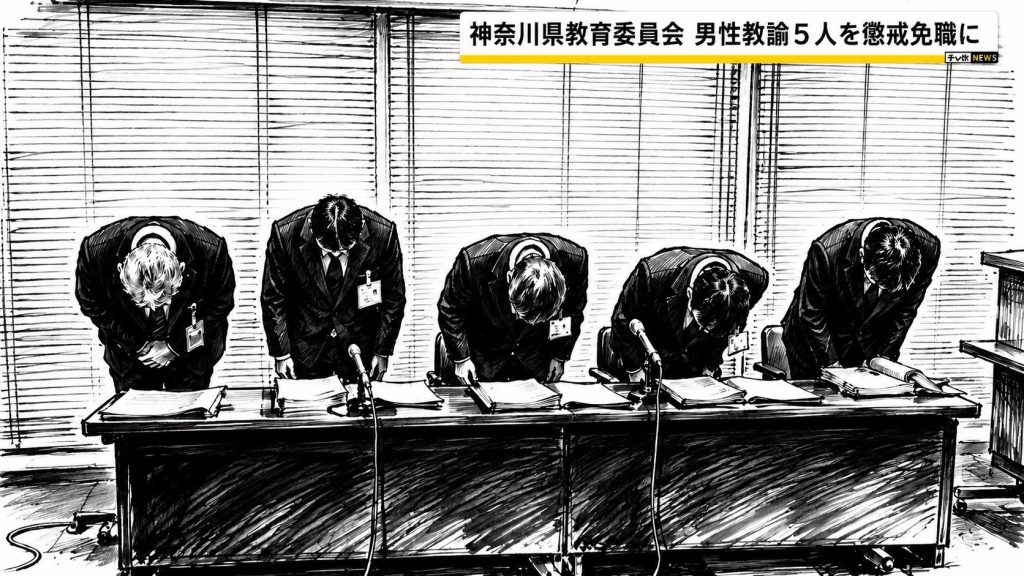神奈川県の教員不祥事と学校安全問題を示す暗い教室と警察車両の報道イメージ