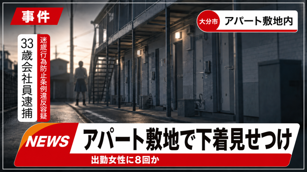 大分市のアパート敷地内で出勤中の女性に下着を見せつけた疑いで33歳会社員が逮捕された報道イメージ