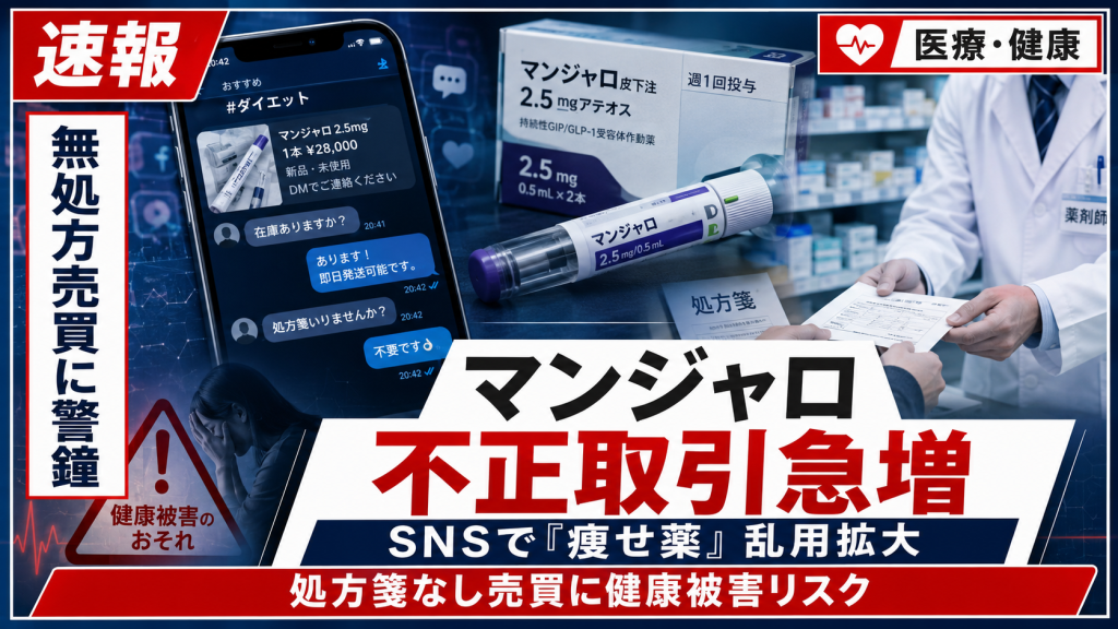 糖尿病治療薬マンジャロのSNS不正取引とダイエット目的乱用のリスクを示す報道イメージ