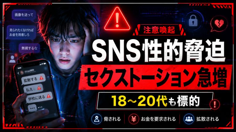 SNSで性的画像を送った若者が脅迫されるセクストーション被害の危険性を伝える報道イメージ