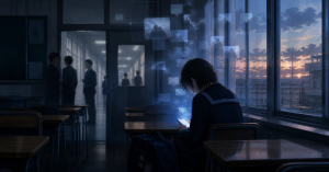 夕方の教室でスマートフォンを見つめる女子生徒と、奥の廊下に立つ生徒たちを描いたアニメ画像。いじめ、孤立、SNS時代の被害を示す記事アイキャッチ