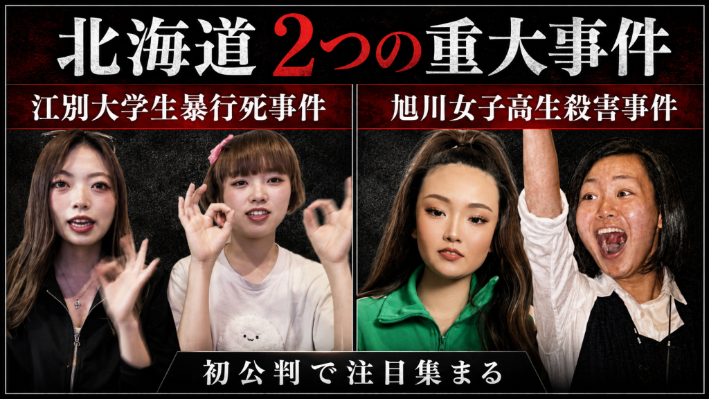 北海道で同時期に始まった旭川女子高生殺害事件と江別大学生集団暴行死事件の裁判を伝える報道イメージ