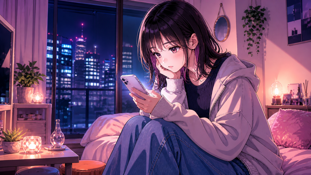 夜の部屋でスマホを見つめる日本人女子大学生とAI恋愛相談のイメージ