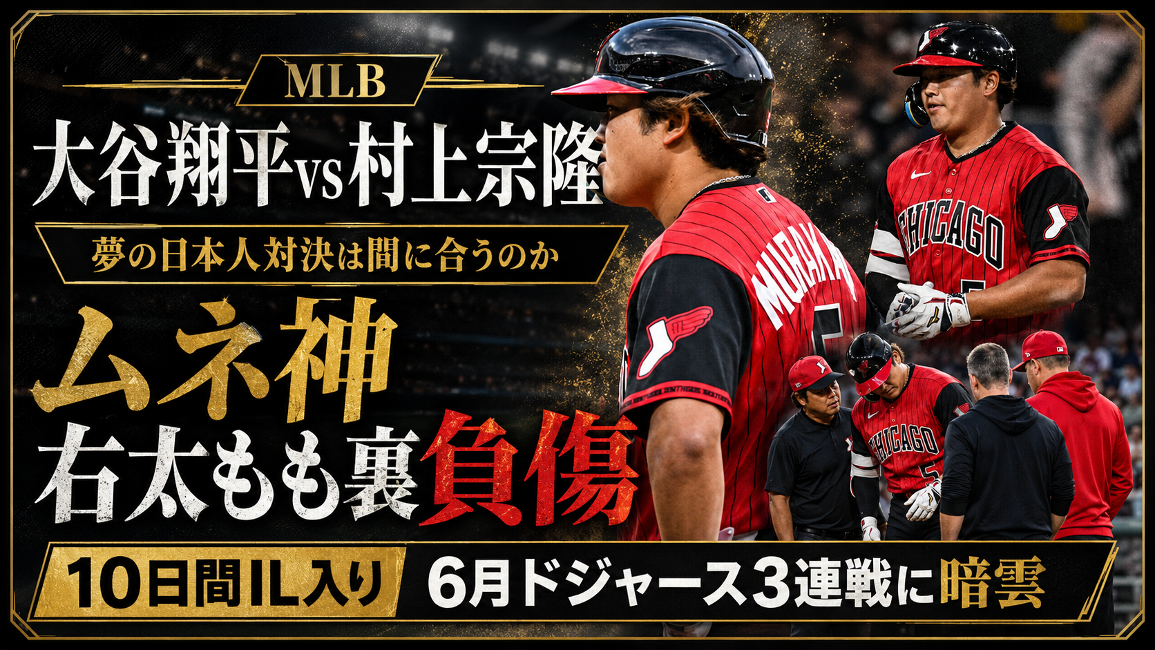 村上宗隆の右太もも裏負傷で大谷翔平との日本人対決が不透明になったMLB報道イメージ