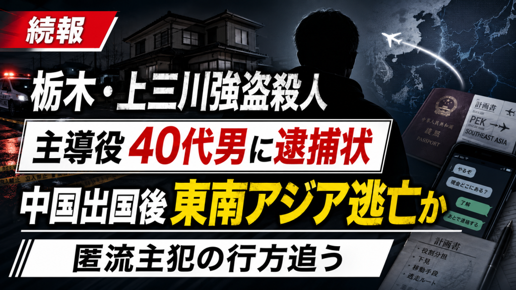 栃木県上三川町の強盗殺人事件で主導役とみられる４０代男に逮捕状が出たことを伝える報道画像