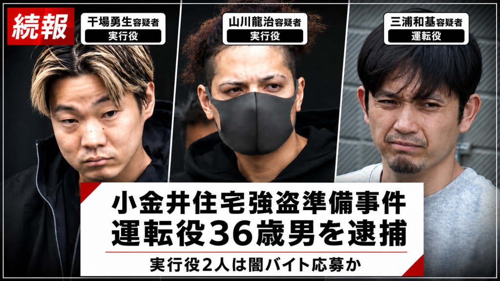 小金井市内の住宅を狙った強盗準備事件で運転役とみられる36歳男が逮捕された報道イメージ