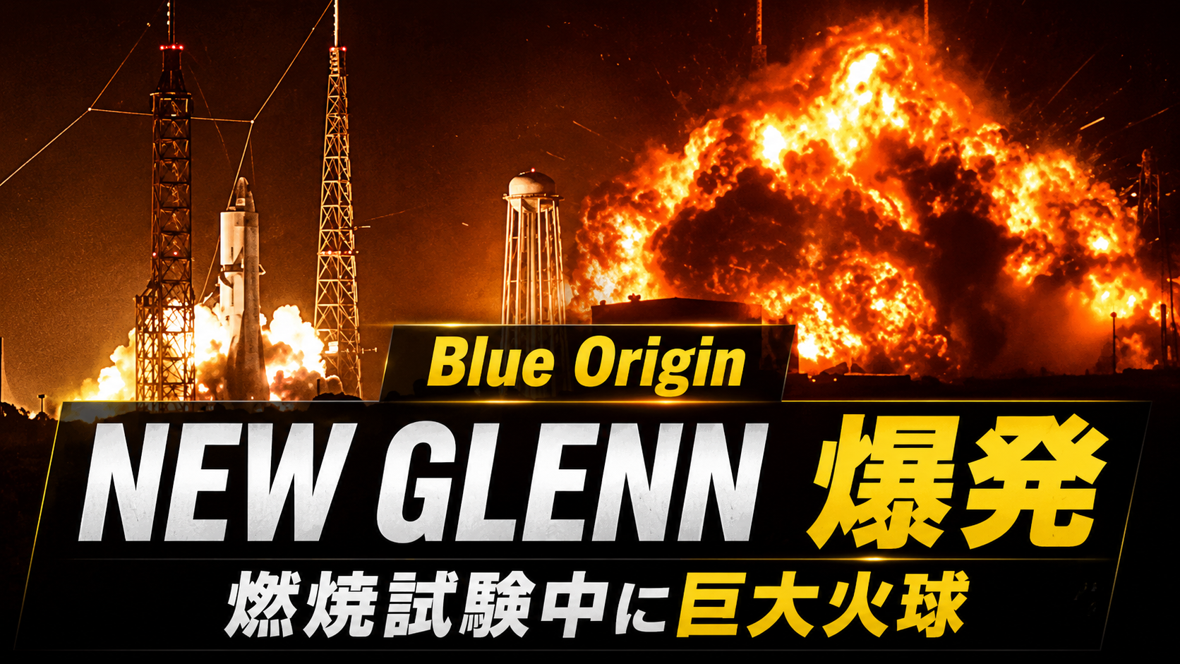 Blue Originの大型ロケットNew Glennが静的燃焼試験中に爆発し夜空に巨大火球が広がったことを伝える報道イメージ