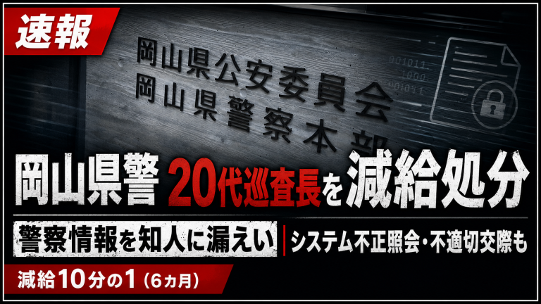 岡山県警の２０代男性巡査長が警察情報漏えいと不正照会で減給処分を受けたことを伝える報道画像