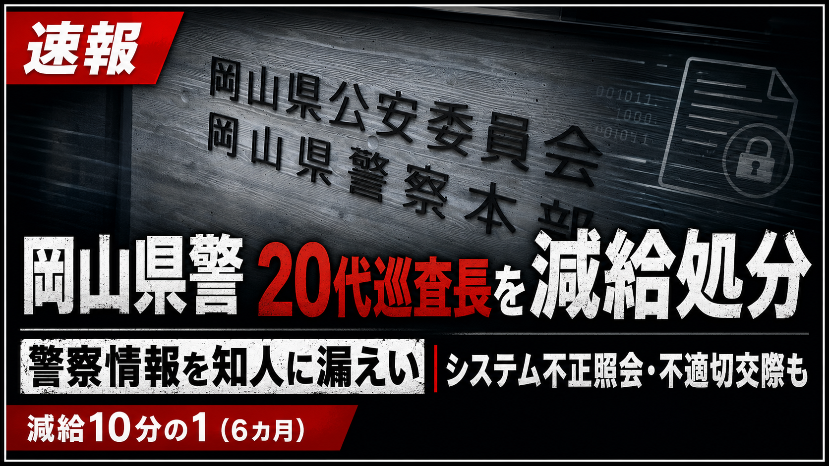 岡山県警の２０代男性巡査長が警察情報漏えいと不正照会で減給処分を受けたことを伝える報道画像