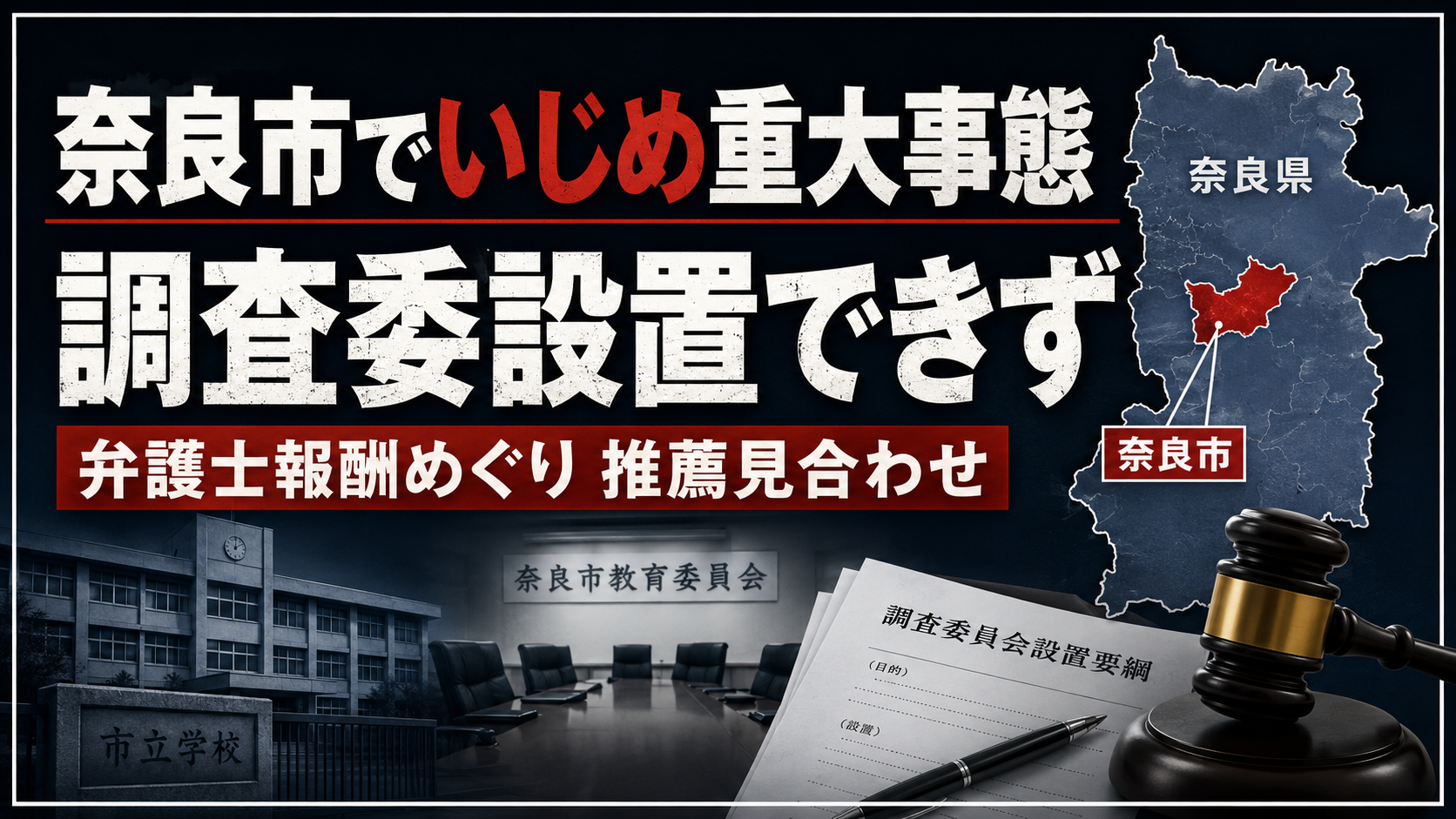 奈良市でいじめ重大事態の第三者委員会が弁護士報酬をめぐり設置できない問題を伝える報道画像