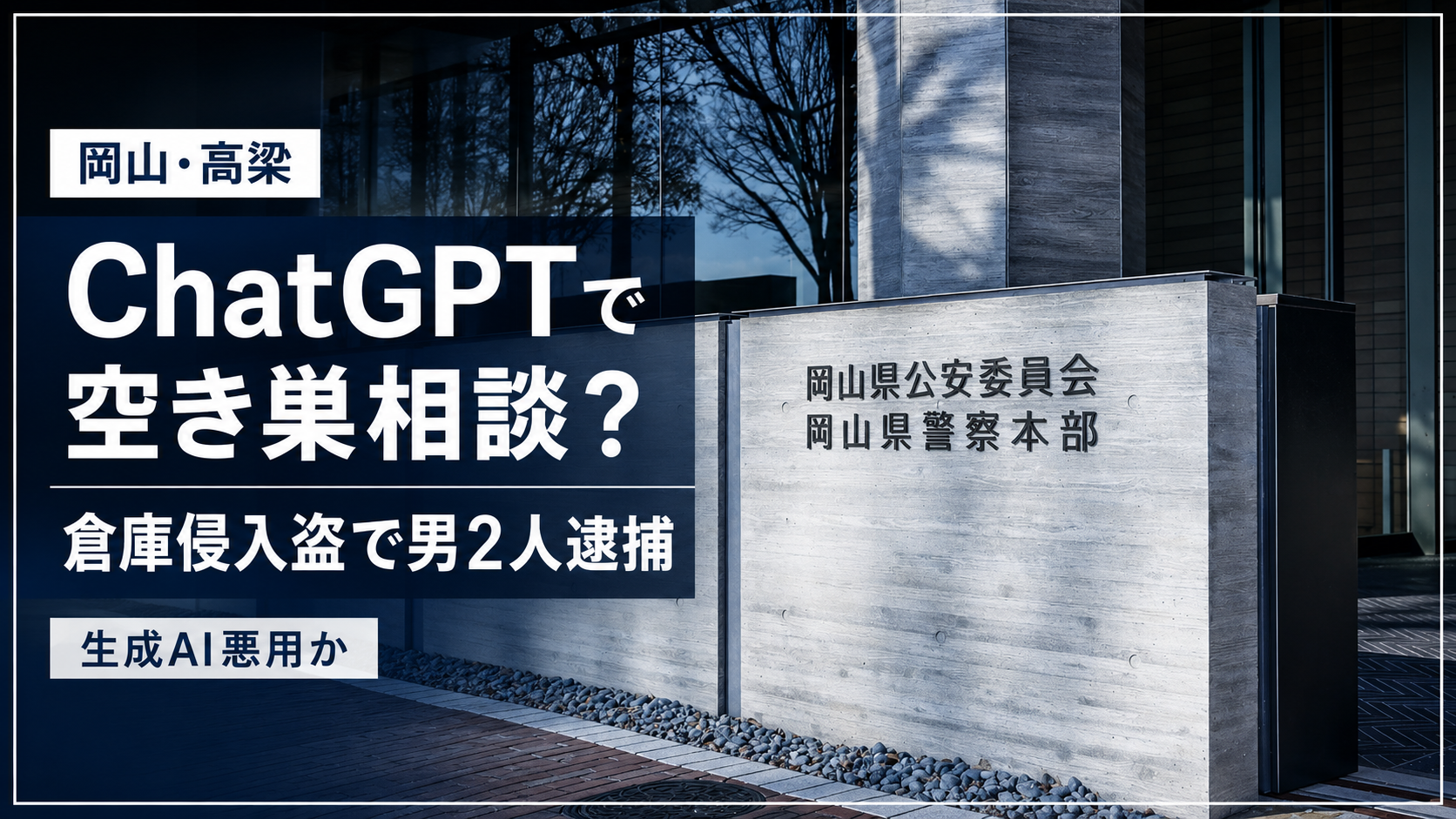 岡山県高梁市の倉庫侵入盗事件と生成AI悪用の問題を示すニュースイメージ
