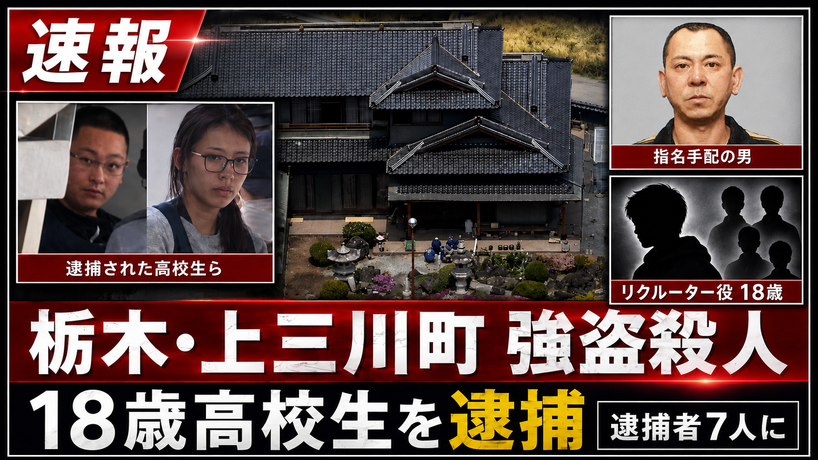 栃木県上三川町の強盗殺人事件でリクルーター役の少年逮捕を伝える報道イメージ