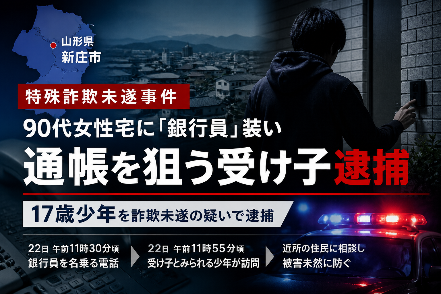 山形県新庄市で90代女性宅に銀行員を装った電話があり、通帳を狙った特殊詐欺未遂で17歳少年が逮捕された報道イメージ
