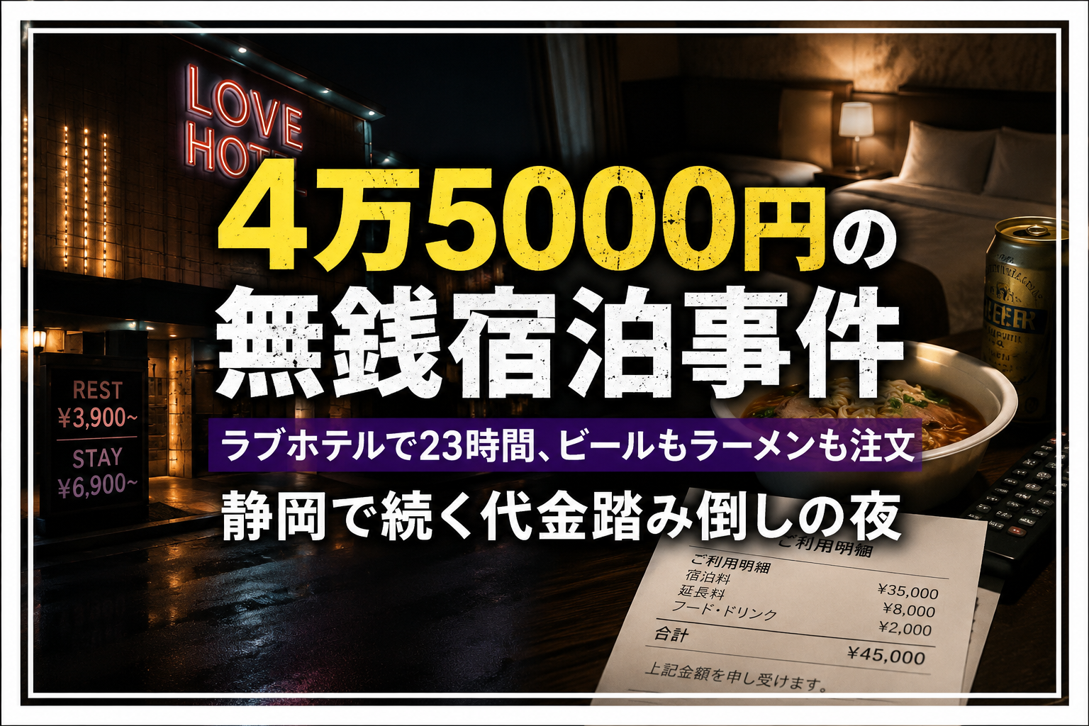浜松市中央区のラブホテルで起きた無銭宿泊事件を伝える報道用イメージ